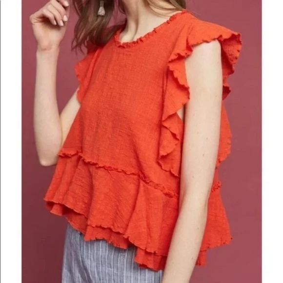 Anthropologie Tops - Anthropologie - Maeve Cascade Orange Ruffled Short Sleeve Blouse Size Small